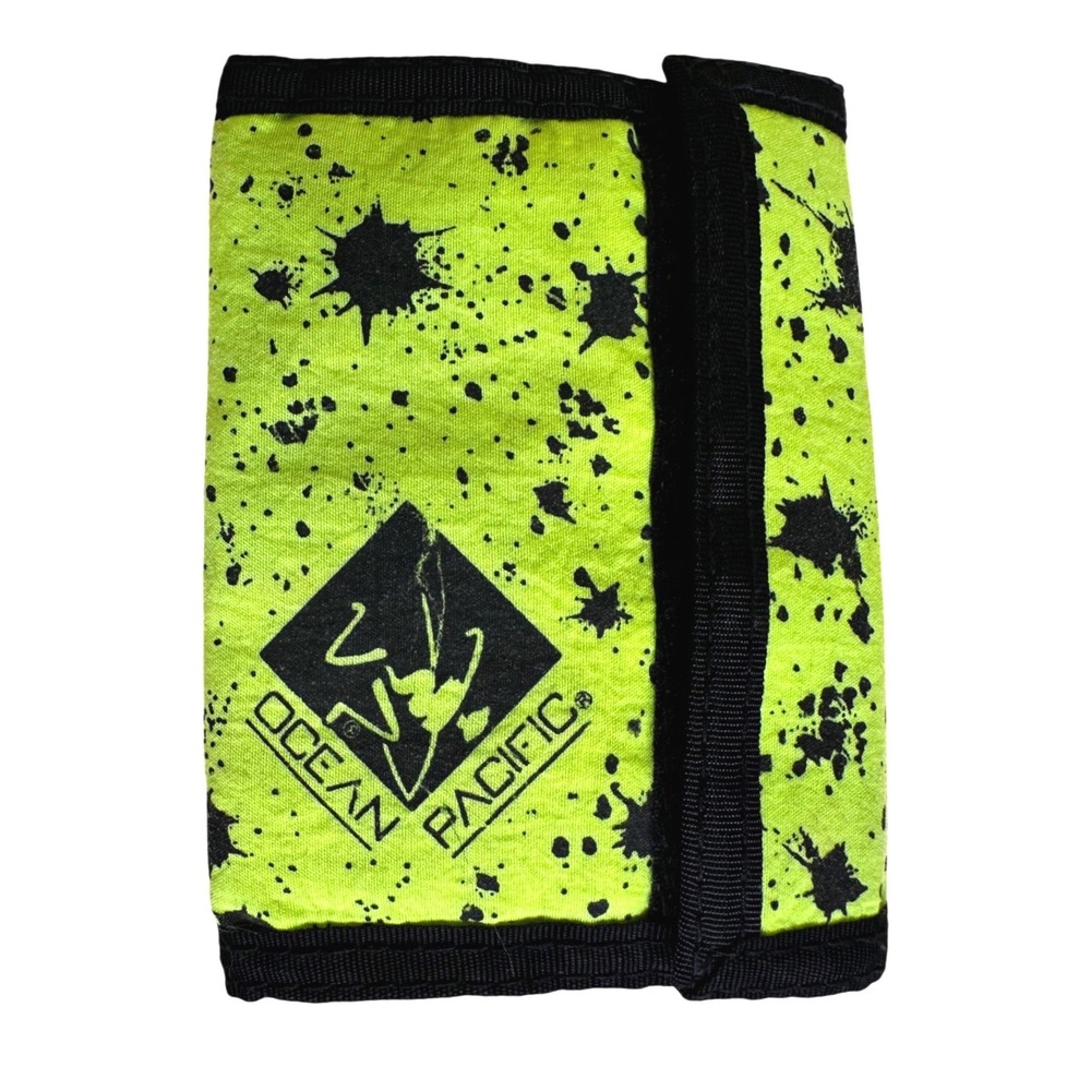 Vintage Ocean Pacific OP Neon Lime Green Paint Splatter Tri-Fold Surf Wallet